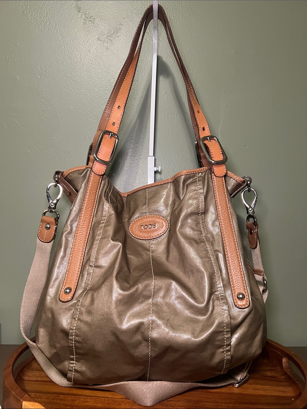 TOD'S Green Coated Cotton Hobo Bag with Crossbody